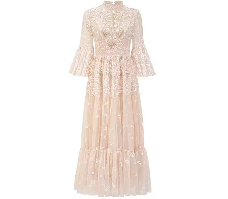 
                  
                    Beige  Embroidery tulle dress with long sleeves 
                  
                
