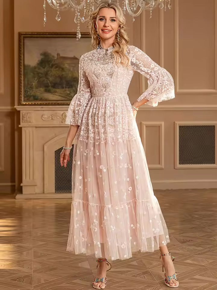 Beige  Embroidery tulle dress with long sleeves 