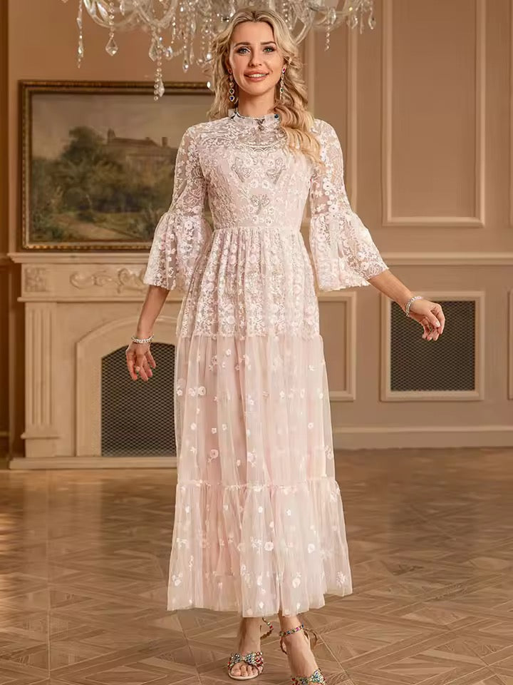 Beige  Embroidery tulle dress with long sleeves 